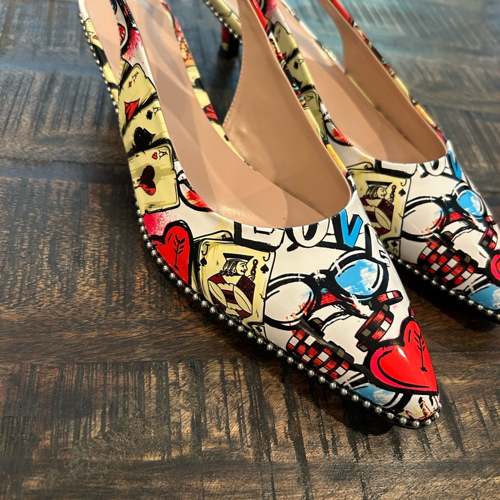 Slingback Kitten Heel Pointed Toe Ankle-Strap Pumps Shoes 10 Graffiti Vegas